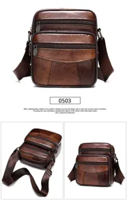Vintage brown leather men's messenger bag with multi-layer zipper design and adjustable strap.