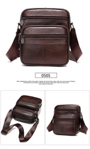 Vintage genuine leather messenger bag for men featuring multiple zipper pockets and sturdy strap.