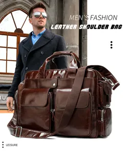 Men's genuine leather briefcase, brown vintage shoulder bag with multiple pockets and durable handle.