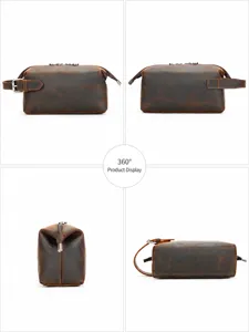Trousse de toilette pour homme en cuir veritable et pochette vintage avec une poignee.