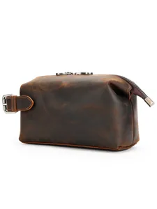 Trousse de Toilette en Cuir Véritable pour Homme Pochette Vintage Marron Vue Principale