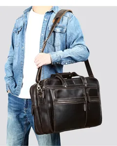 Premium crazy horse leather men briefcase, stylish vintage shoulder messenger laptop bag.