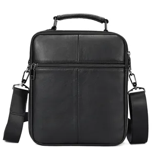 Men's leather business shoulder bag, premium black crossbody handbag with top handle.