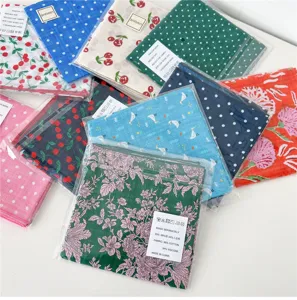 Cotton small square scarf set with various floral and polka dot prints for women's daily wear.