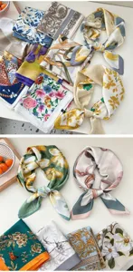 Detailed view of stylish 70cm silk square scarves with elegant baroque and floral patterns.