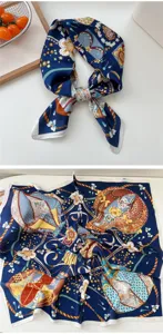 Detailed view of a stylish navy blue silk square scarf with vintage hot air balloon floral print.