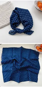 Navy blue polka dot cotton square scarf, elegant neckerchief and hair accessory for women.