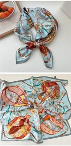 Silk square scarf with hot air balloon print, elegant neckerchief for spring and autumn daily wear.