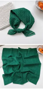 Green polka dot cotton square scarf for women, stylish neckerchief, hair head band for spring summer.