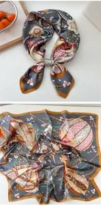 Detailed view of women's vintage silk square scarf with elegant retro print and orange border.