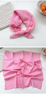 Pink cotton small square scarf with white polka dots, perfect for spring and summer neckwear styling.