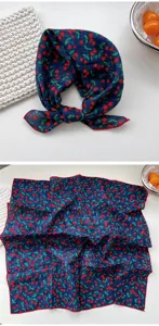 Cotton cherry print square scarf women summer fashion neckerchief retro blue head wrap