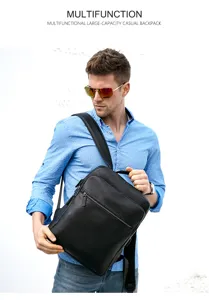 Vue détaillée du sac à dos d'affaires en cuir noir avec grand compartiment et poches.