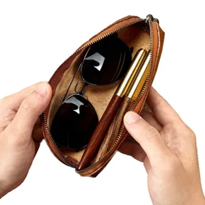 Echt lederen etui vintage brilhoesje minimalistische tas met ritssluiting voor briefpapier.