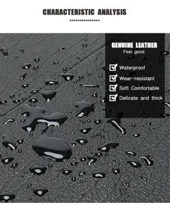 Gros plan de cuir noir authentique montrant une texture imperméable et des gouttes d'eau.