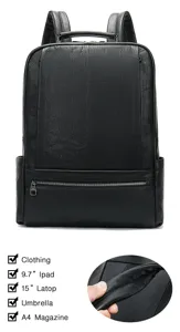 Sac a dos d'affaires en cuir noir pour homme grand sac ordinateur portable voyage