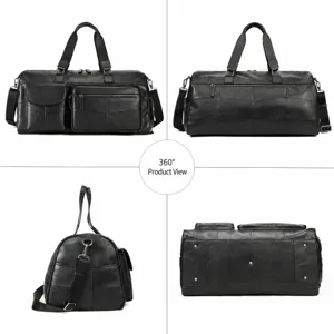 Bolsa de viaje de cuero genuino para hombre, amplia bolsa de fin de semana con múltiples bolsillos.