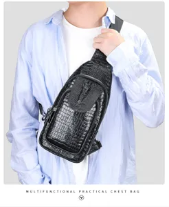 Heren echt lederen borsttas zwarte krokodillenpatroon casual crossbody schoudertas.