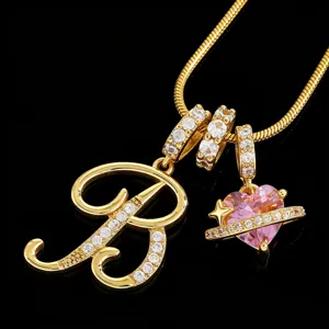 Exquisite gold-plated letter B necklace featuring sparkling cubic zirconia and pink heart pendant.