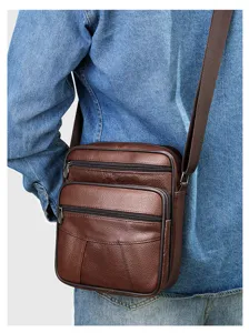 Men's genuine leather vertical crossbody bag, brown cowhide single shoulder bag for use.