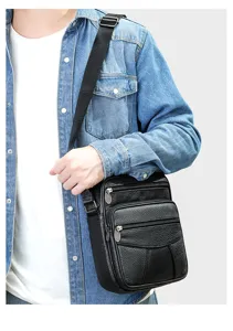 Men's vertical genuine leather crossbody bag detail view, pebbled leather shoulder bag