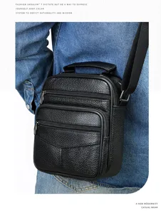 Men's genuine leather vertical messenger bag with multiple zippered pockets and strap.