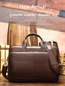 Vue détaillée du sac cartable pour homme en cuir véritable de haute qualité marron foncé.