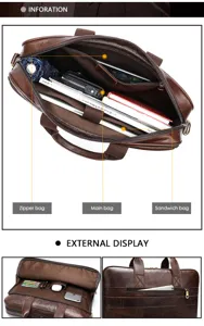 Sac d'affaires pour hommes en cuir véritable marron vintage avec plusieurs compartiments.