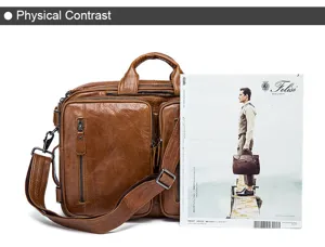 Premium genuine leather men's briefcase with multiple pockets, vintage crazy horse texture design.