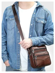 Men's genuine leather crossbody bag, vertical single shoulder bag with multiple zipper pockets.