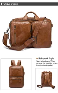 Men's vintage genuine crazy horse leather convertible briefcase backpack for business