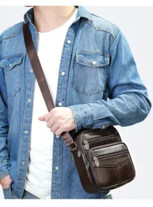 Men genuine leather vertical crossbody bag brown shoulder bag casual business travel daily use