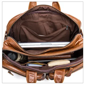 Detailed view of genuine leather men's briefcase interior capacity and multi-compartment.