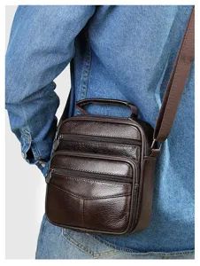 Men genuine leather vertical crossbody bag vintage brown shoulder bag casual business everyday use