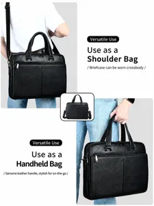 Borsa da lavoro in vera pelle da uomo grande capacità borsa a tracolla e a mano nera.