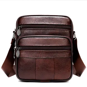 Men's genuine leather vertical crossbody bag, brown multi-pocket business shoulder bag.