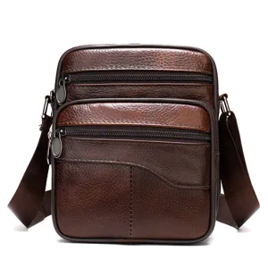 Men's vintage genuine leather multi-layer crossbody shoulder bag with multiple zip pockets.