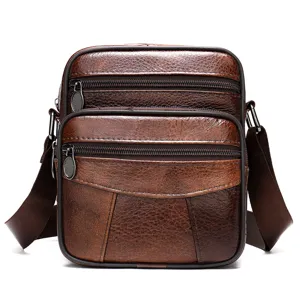 Men's genuine leather vertical crossbody bag, brown multi-pocket shoulder bag main view.