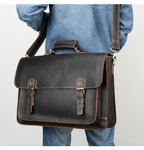Detailed back view of men's genuine leather briefcase, showing vintage crazy horse texture.