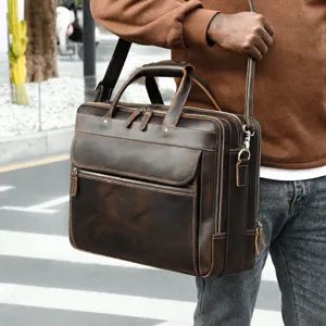 Men's Vintage Genuine Leather Briefcase Top Grain Cowhide Laptop Bag Large Capacity Business Travel Messenger Bag For Men