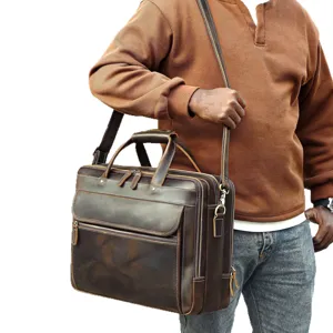 Men's vintage genuine leather briefcase, multi-pocket laptop business messenger bag for men.