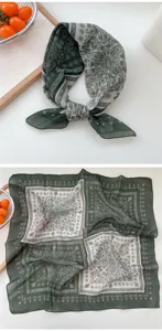 Green paisley cotton linen square scarf, vintage literary style breathable bandana for women.