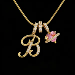 Close-up detail of a luxury gold-plated DIY letter B necklace with sparkling crystal charms.
