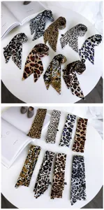 Leopard print silk scarf twilly for women, chic neckerchief and handbag handle ribbon accessory.