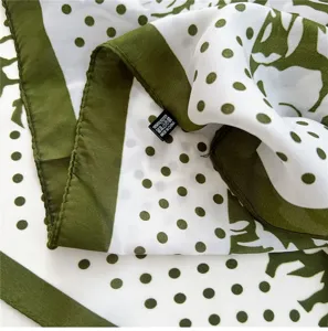 Green and white polka dot square scarf, elegant neck scarf, soft polyester for spring.