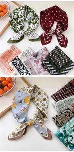 Detailed view of women small silk square scarves, stylish floral and geometric print bandanas.