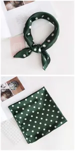 Dark green polka dot silk square scarf for women, elegant fashion neckerchief accessory.