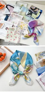 Detailansicht bunter Seidenquadratschals mit künstlerischen Prints, Blumen- und abstrakten Mustern.