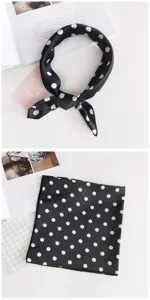 Black white polka dot small silk square scarf stylish neckerchief for women retro daily wear.
