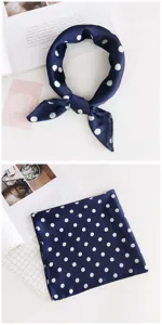 Blue polka dot silk square scarf women stylish neckerchief for spring summer outfit.